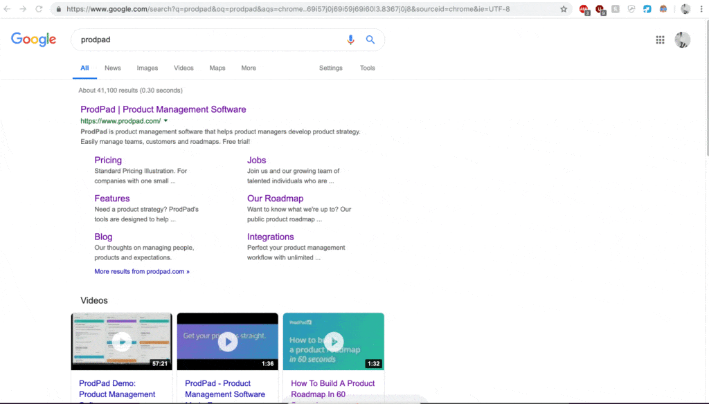 ProdPad results in Google