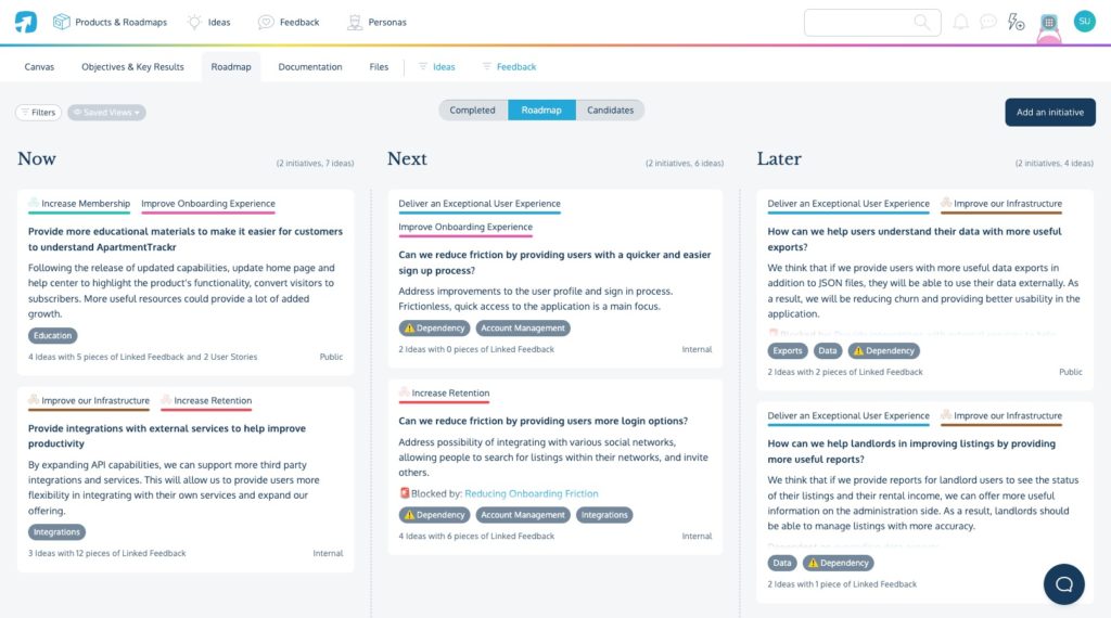 A view of initiatives on a now-next-later roadmap