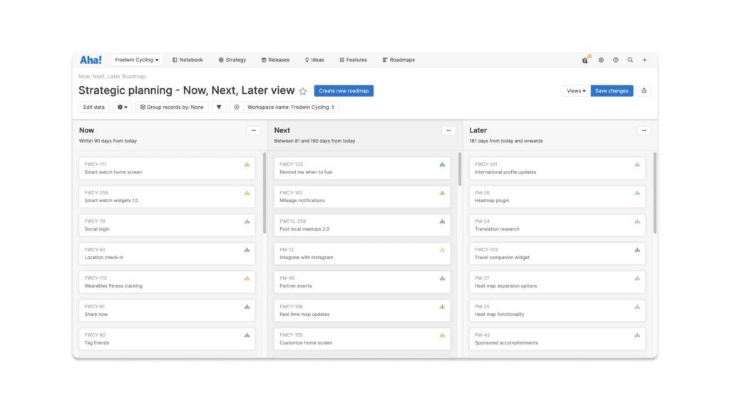 A shot of the Now-Next-Later roadmap in Aha! one of the Best Product Roadmap Tools on 2024