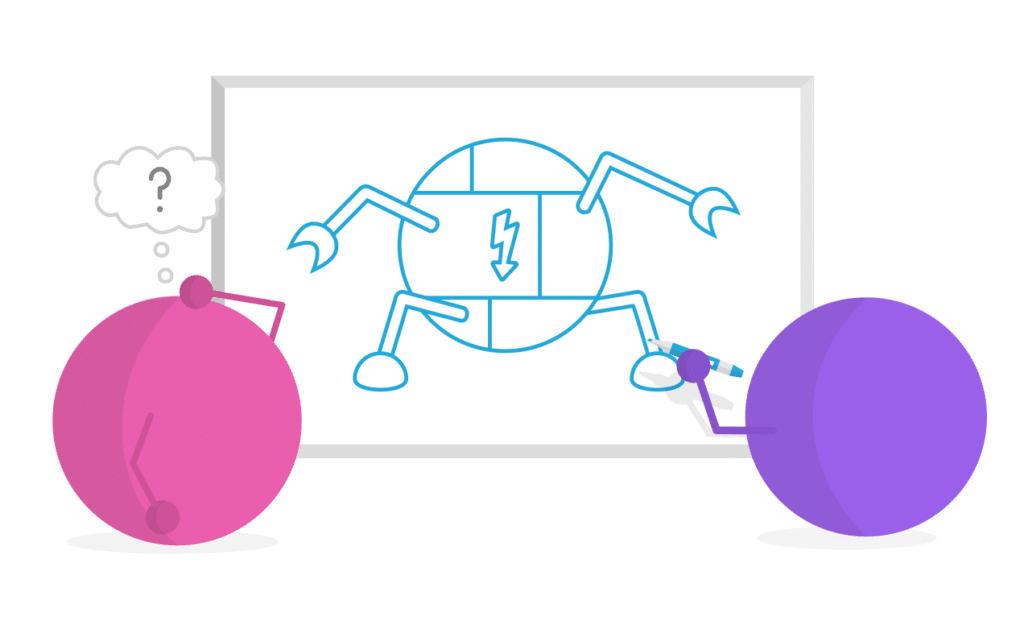 What is a Product Manager? Purple Dot is drawing a robot, while Pink Dot is very confused.