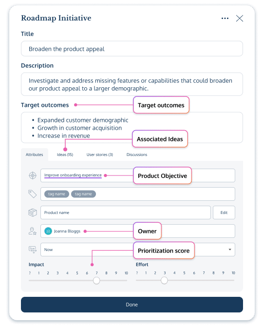 A product roadmap initiative card in ProdPad roadmapping software