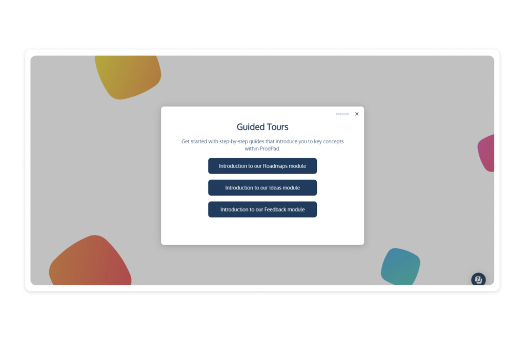 ProdPad product tour welcome popup