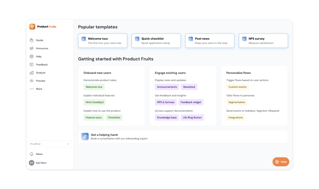 Product Fruits onboarding software interface