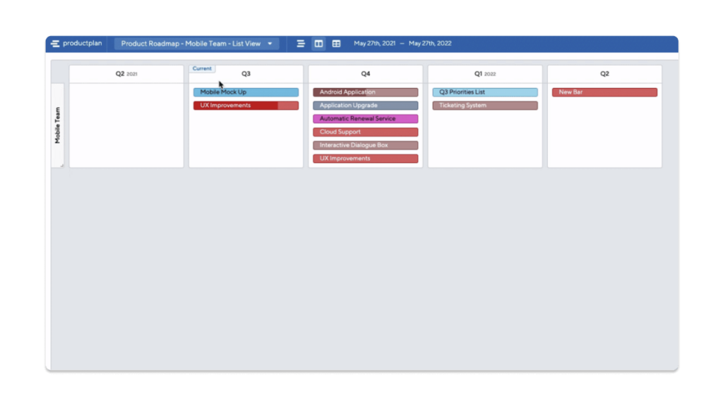 A shot of a Now-Next-Later roadmap in ProductPlan one of the Best Product Roadmap Tools on 2024