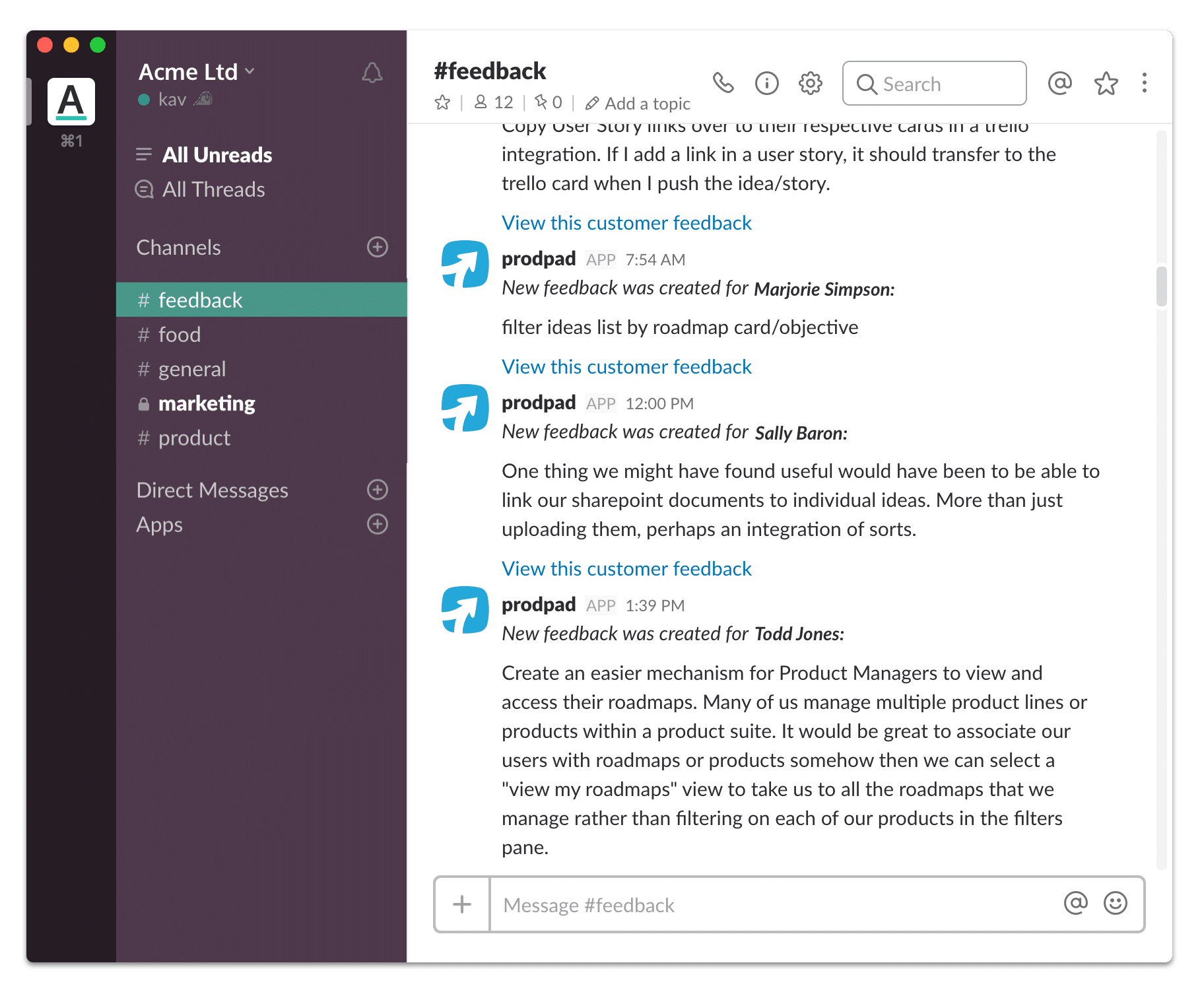 customer feedback channel on slack