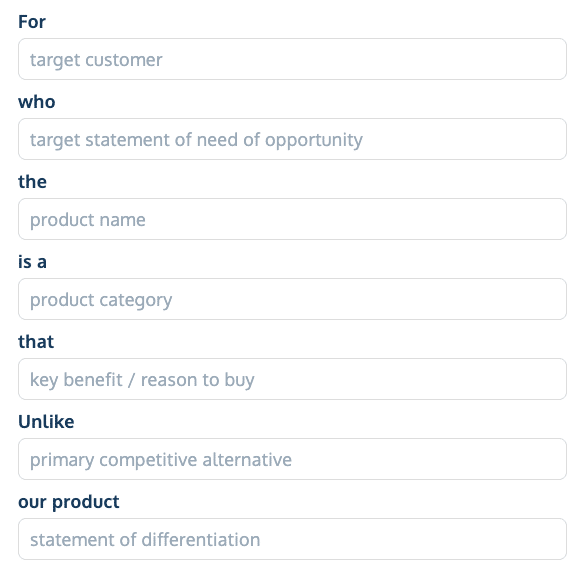 Product vision examples

For… (target customer) 

Who… (statement of need)

The… (product name) Is a… (category descriptor)

That… (key benefit)

Unlike… (primary competitor)

Our product… (statement of differentiation)