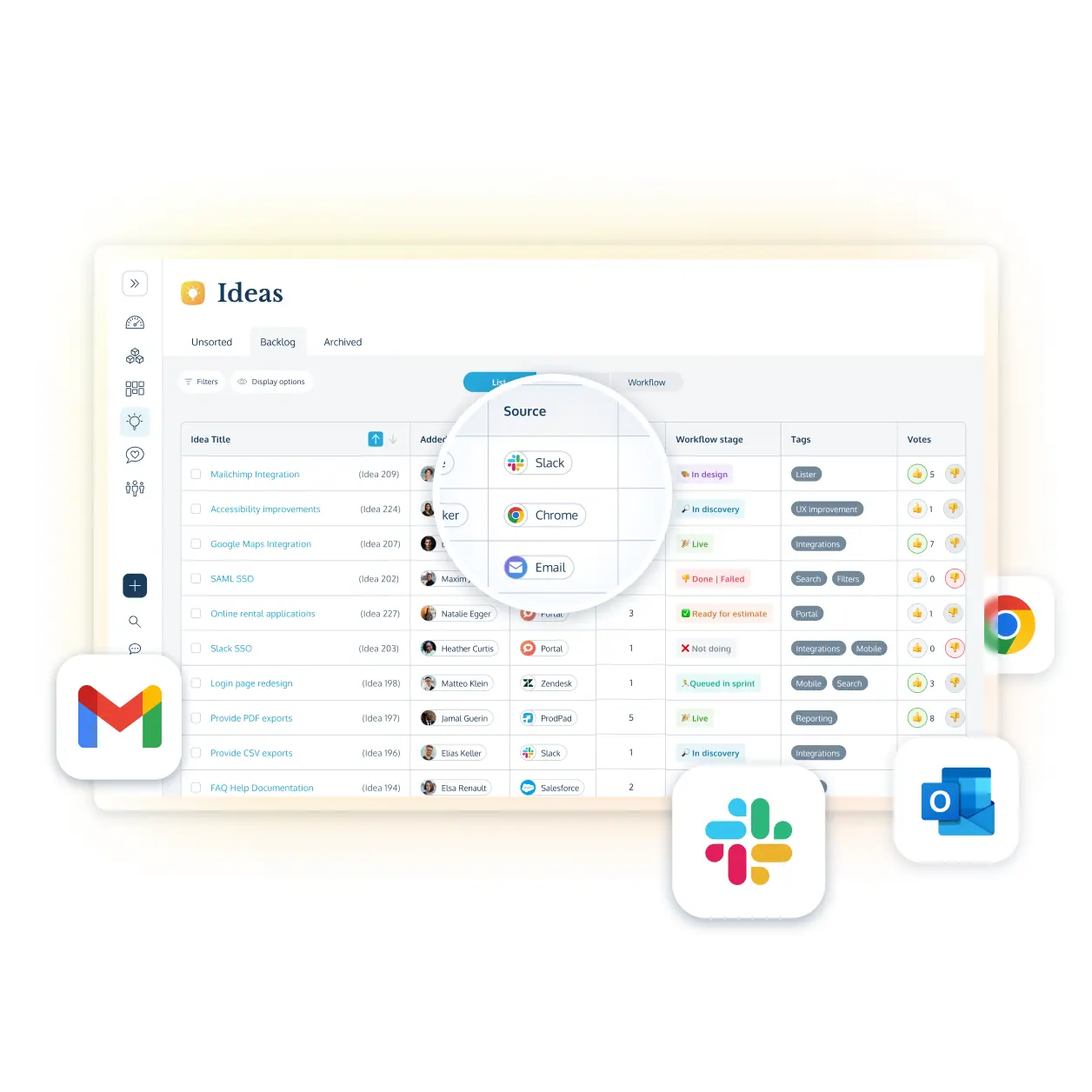 The backlog list in the Idea management tool in ProdPad product management software